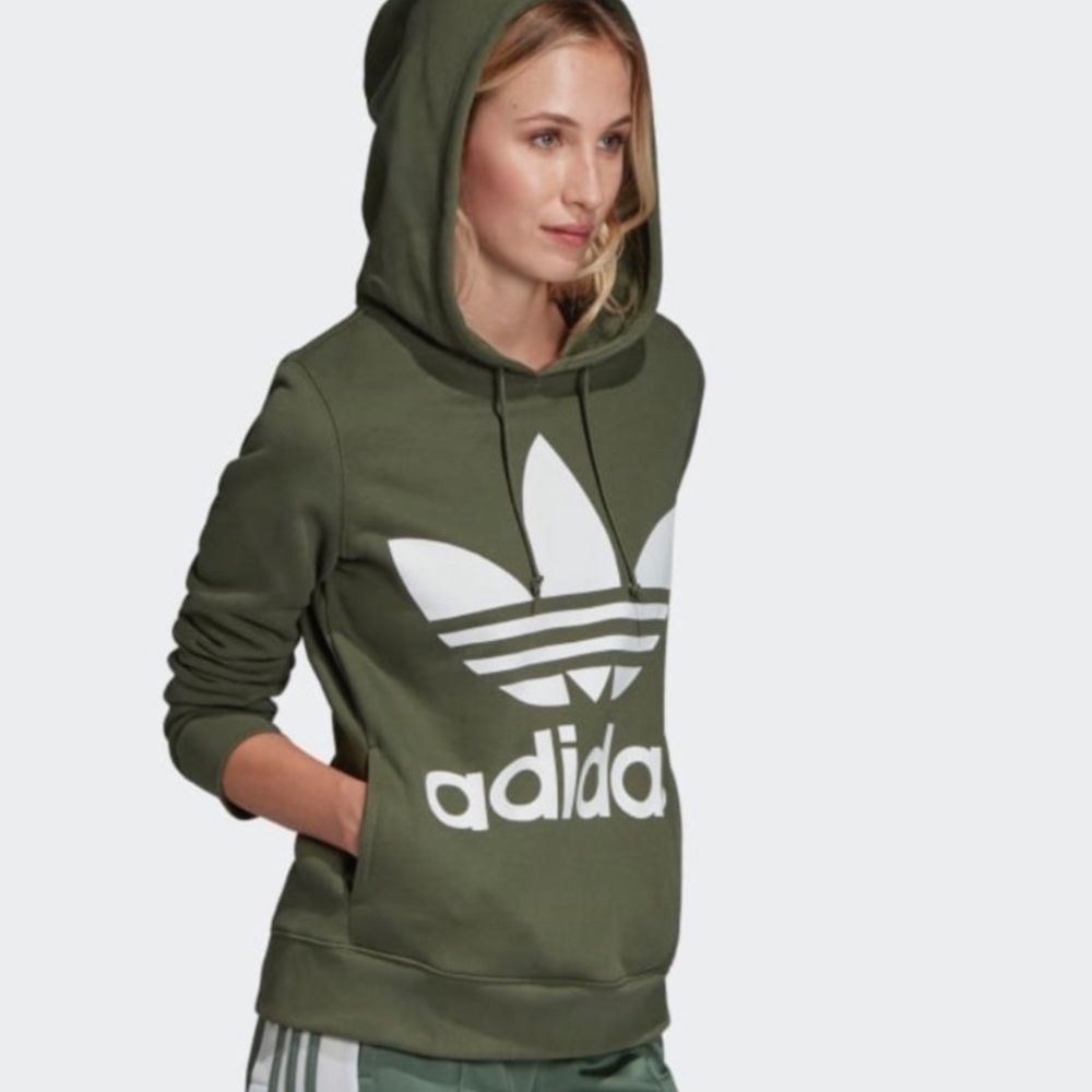 Adidas Women Sweatshirt Hood Trefoil Logo Olive S